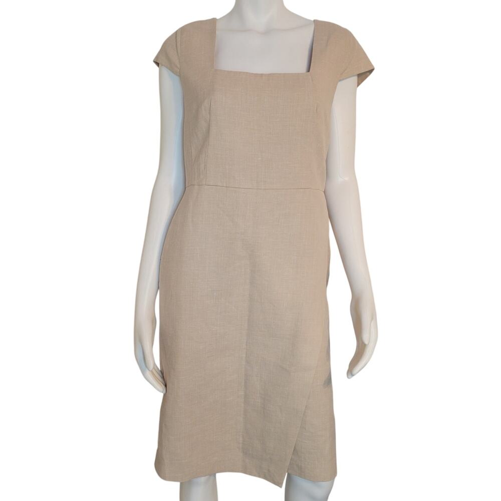 Ann Taylor Linen Cotton Blend Dress Beige Square Neck Cap Sleeve Faux Wrap Sze 8